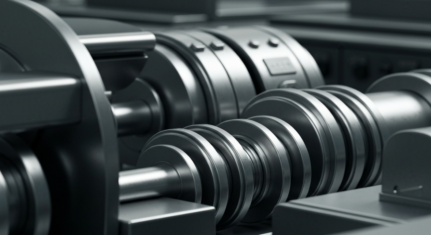 A highly detailed, black-and-white close-up image of the inner workings of a large industrial machine, conveying a sense of the complex infrastructure that underpins the financial industry.