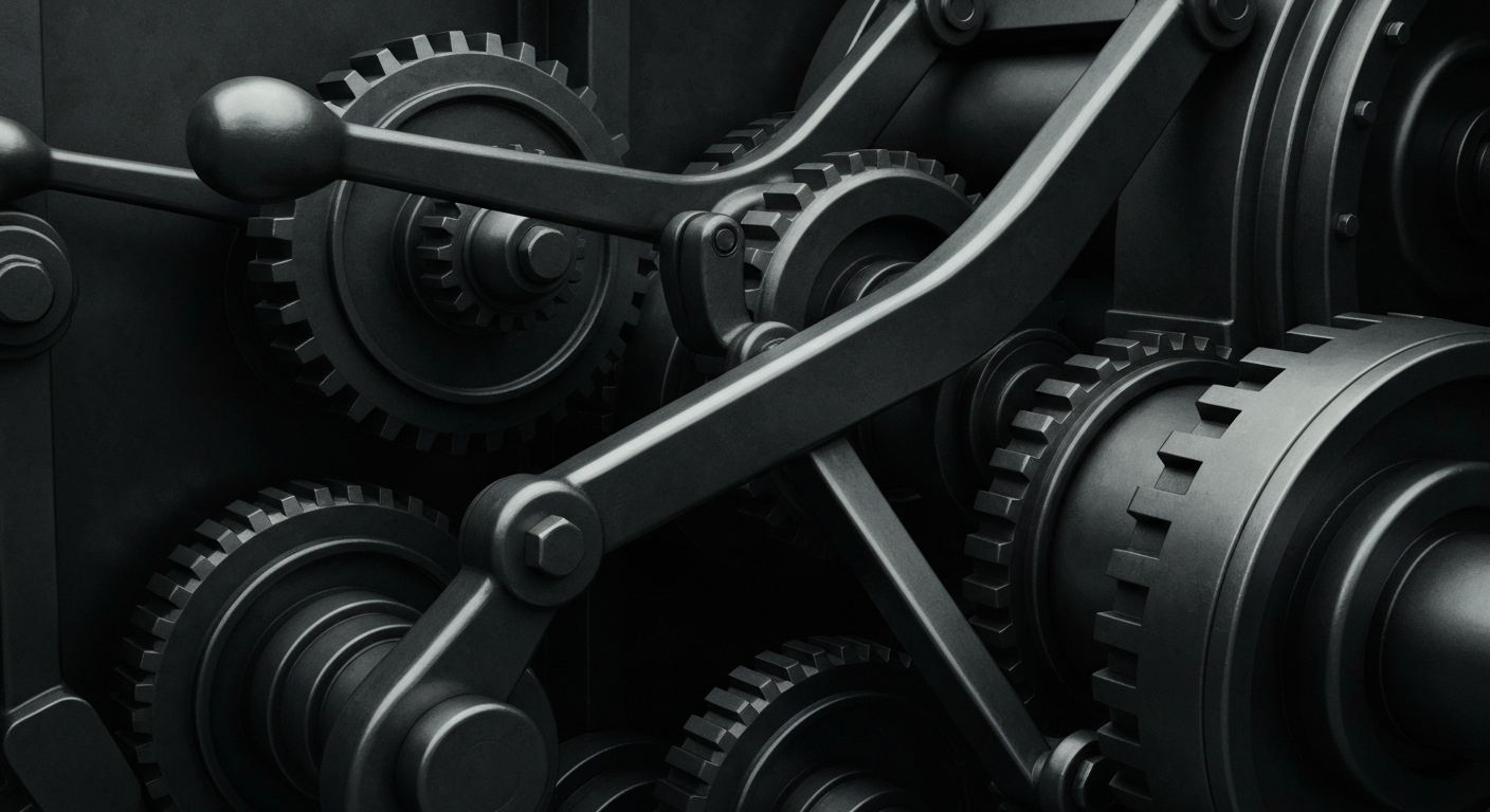 An extreme close-up of the gears, levers, and other heavy industrial machinery that powers a global consumer goods company, rendered in muted tones of steel grey and black to convey a sense of institutional strength and financial security.