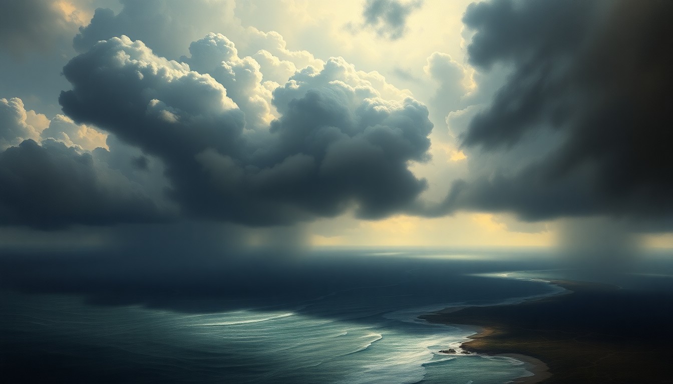 A vast, atmospheric landscape painting in muted tones of gray, blue, and green, depicting a stormy scene over the ocean with heavy clouds obscuring the horizon and the sea blending into the sky, conveying the overwhelming power of an approaching weather system.