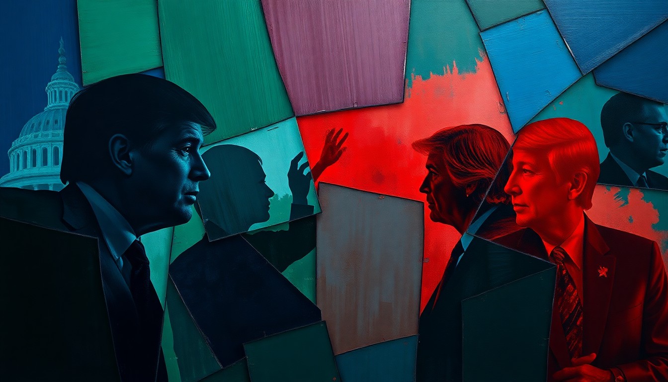 An abstract, fragmented painting in bold, overlapping brushstrokes of blue, green, and red, conceptually representing the shifting political dynamics between Belarus, Russia, and the United States.