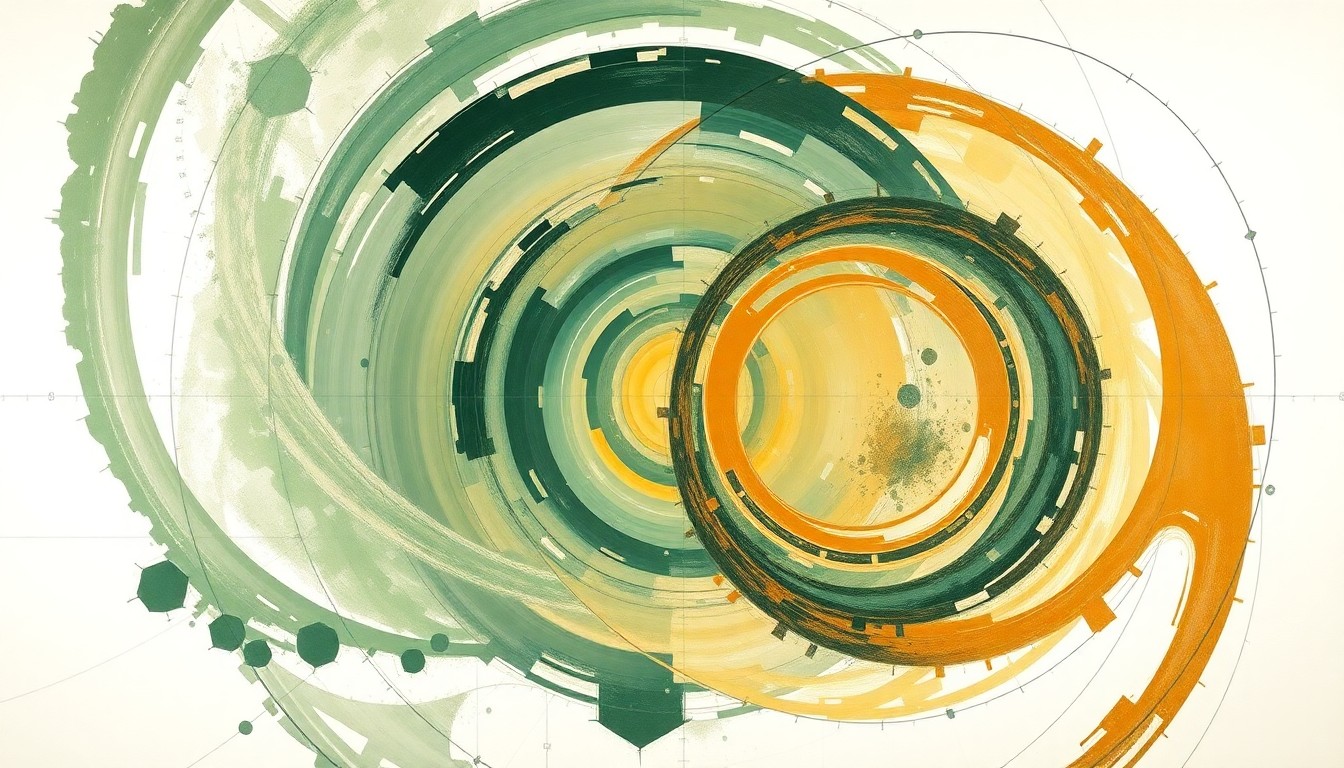 A bold, abstract painting in muted earth tones featuring sweeping geometric arcs, concentric circles, and precise botanical spirals, conveying the complex structural order of scientific concepts without using any text or diagrams.