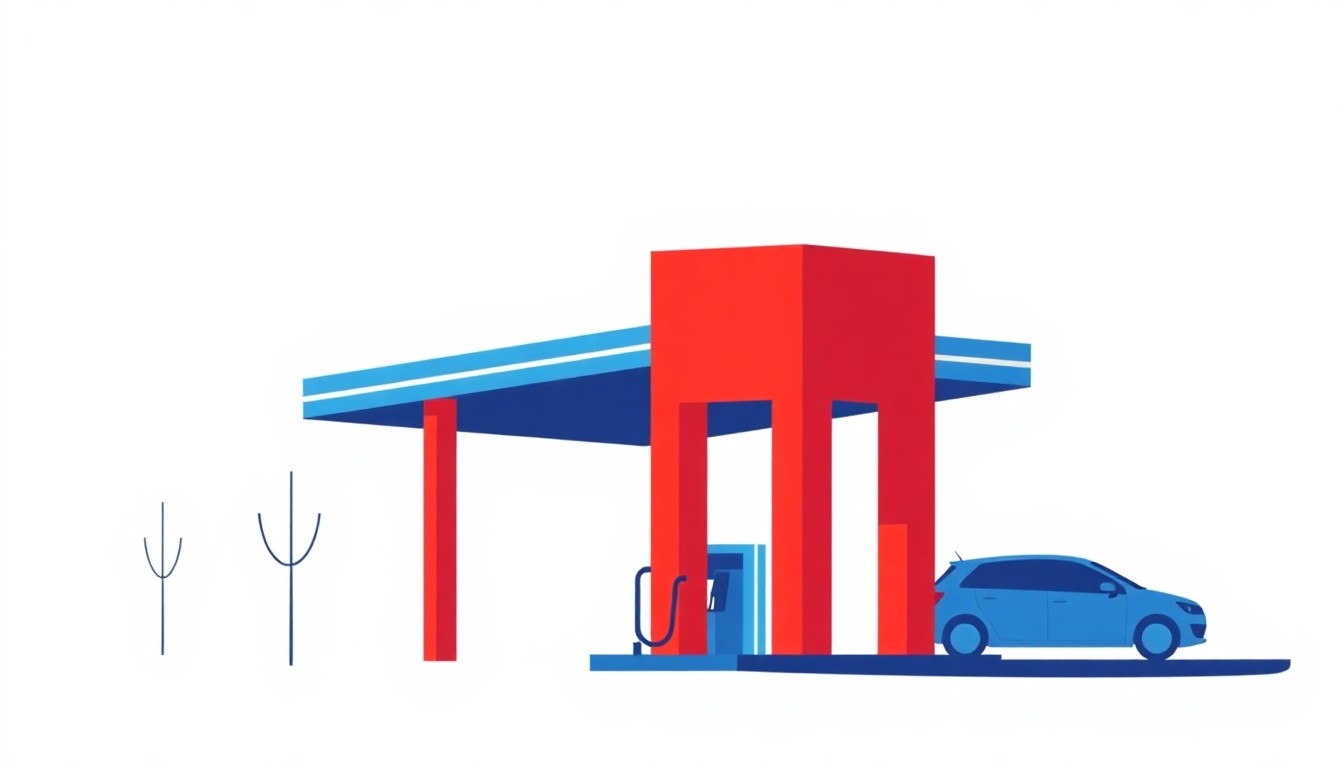 An abstract illustration composed of overlapping triangles and circles in shades of blue, red, and yellow, conceptually representing the fluctuating prices and availability of gasoline in the local community.
