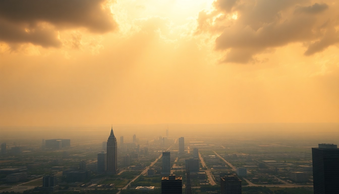 A vast, majestic landscape painting depicting the Omaha skyline under a dramatic, hazy sky. The city's buildings and infrastructure are dwarfed by the overwhelming scale of the natural elements, conveying the mood of the warm, dry weather conditions.