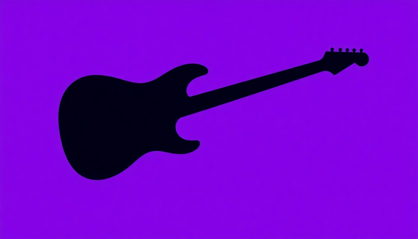 A bold, graphic silhouette of Prince's iconic purple guitar shape, rendered in stark black against a vibrant purple background, conceptually representing the enduring legacy of the legendary musician.