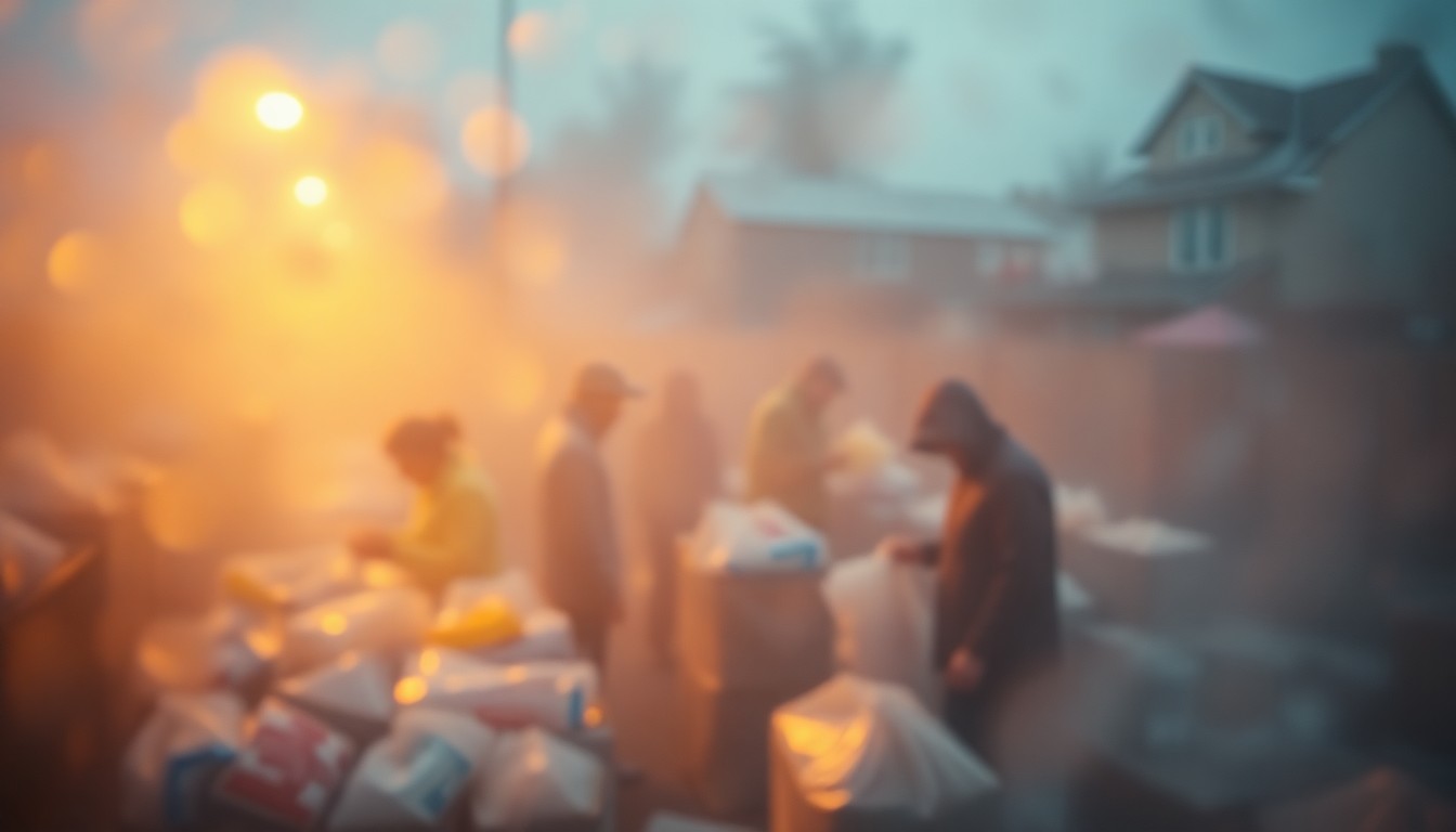 An abstract, impressionistic scene of blurred, colorful shapes representing people sorting recyclables, conveying the hazy, dreamlike atmosphere of the city's new recycling initiative.