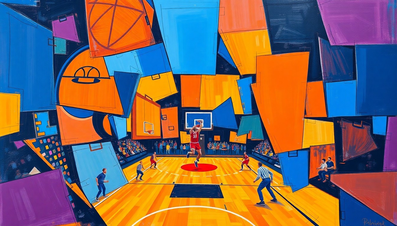 A dynamic, geometric painting featuring sharp, overlapping planes of color in shades of blue, orange, and purple, conceptually representing the intense competition between Duke and Louisville to land a highly sought-after basketball transfer.