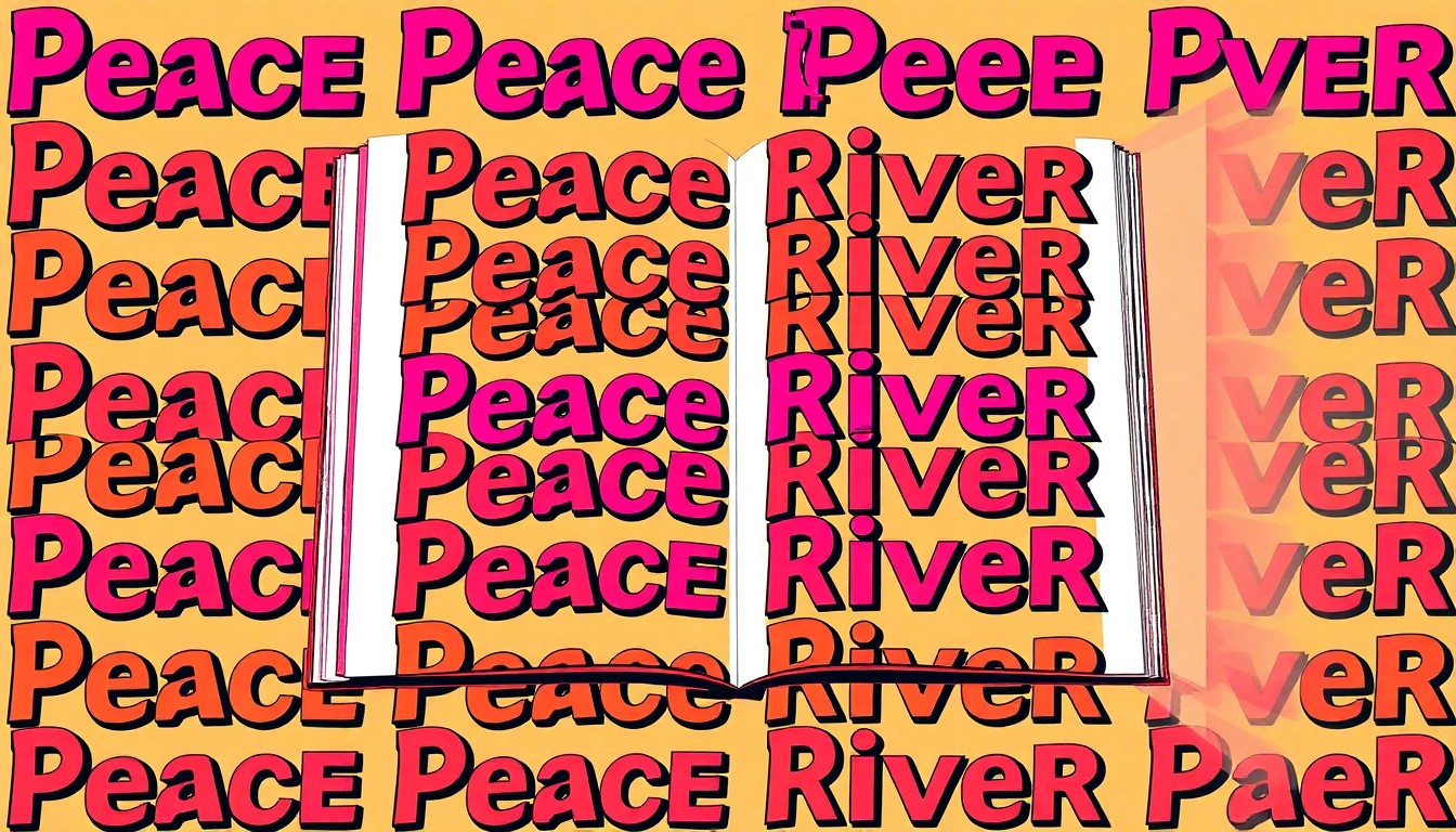 A brightly colored, high-contrast silkscreen print of an open book with the title 'Peace River' repeated in a tight grid pattern, conceptually representing the fusion of fact and fiction in the novel's narrative.