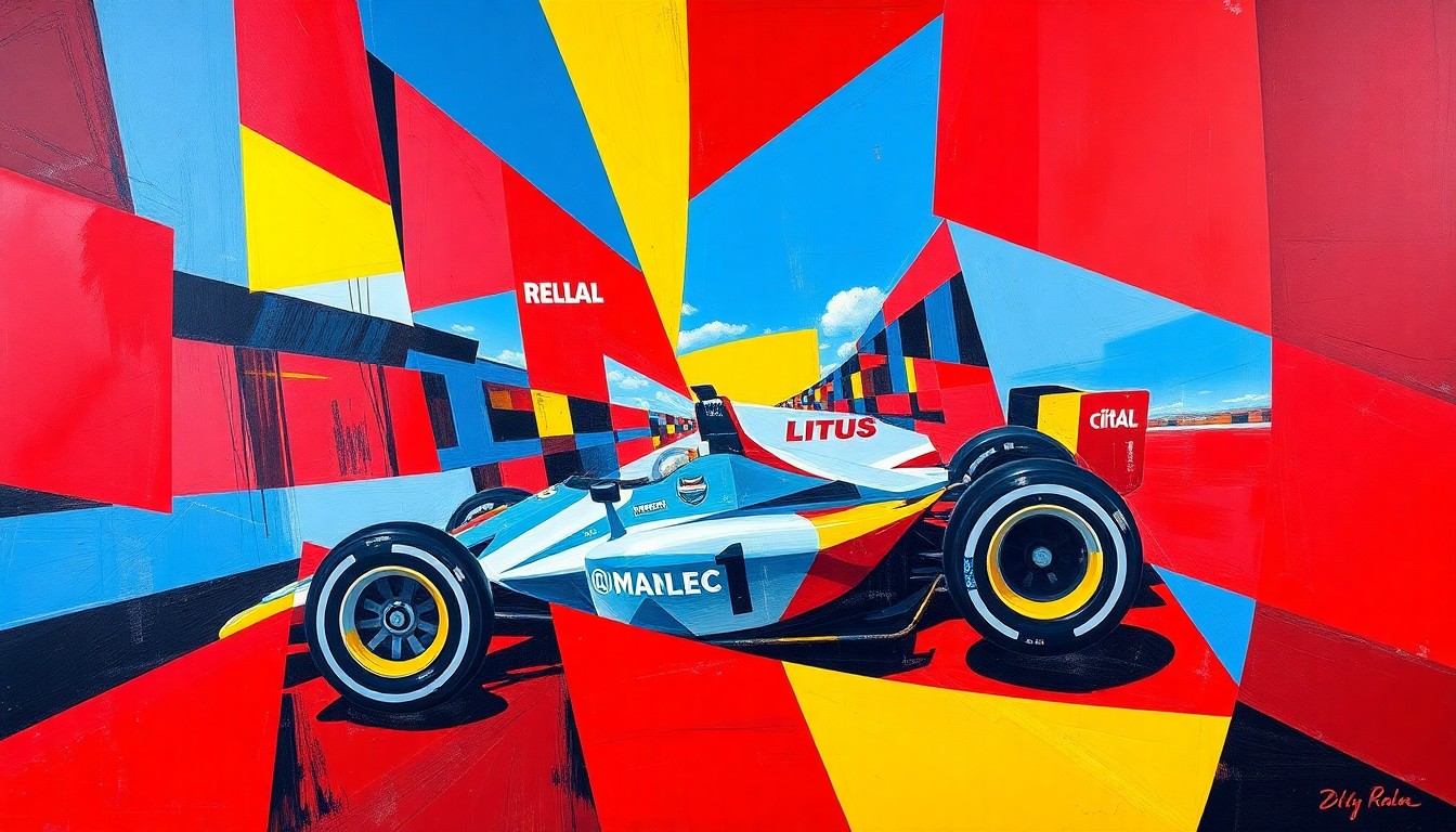 A fragmented, geometric painting in bold primary colors depicts an IndyCar race from multiple perspectives, conveying the speed, power, and precision of open-wheel motorsports.