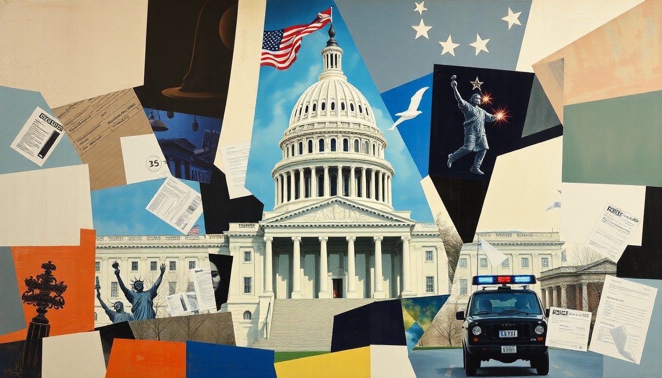 A vibrant, fragmented painting with overlapping geometric shapes and lines in shades of blue, red, and yellow, conceptually representing the dynamic policy changes proposed in Blakeman's 100-day plan for New York.