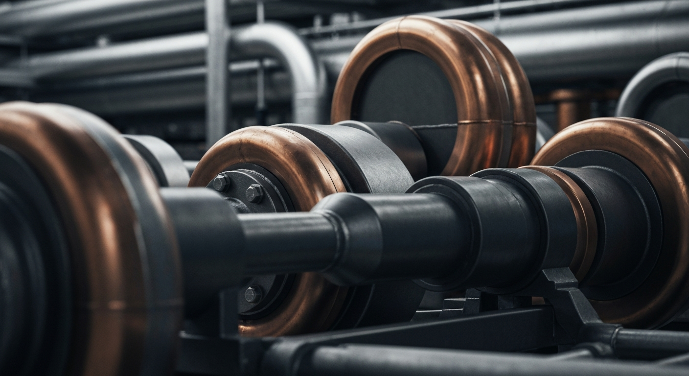 An extreme close-up of intricately engineered metal pipes, valves, and machinery in muted tones of steel gray, copper, and black, conceptually representing the physical assets and infrastructure of the midstream energy industry.