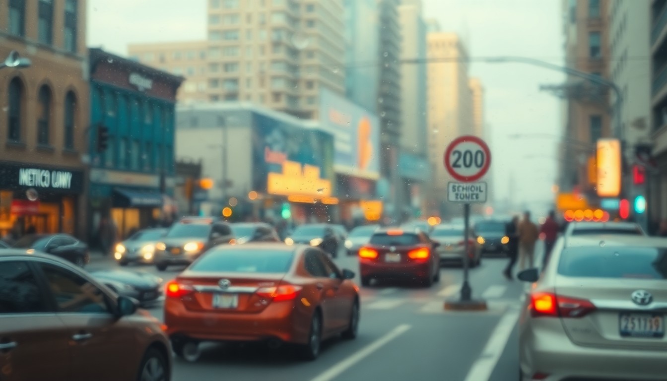 An abstract, blurred image of a city street with cars, pedestrians, and a school zone sign, captured in a soft, hazy, and colorful style that evokes the feeling of a busy urban environment.