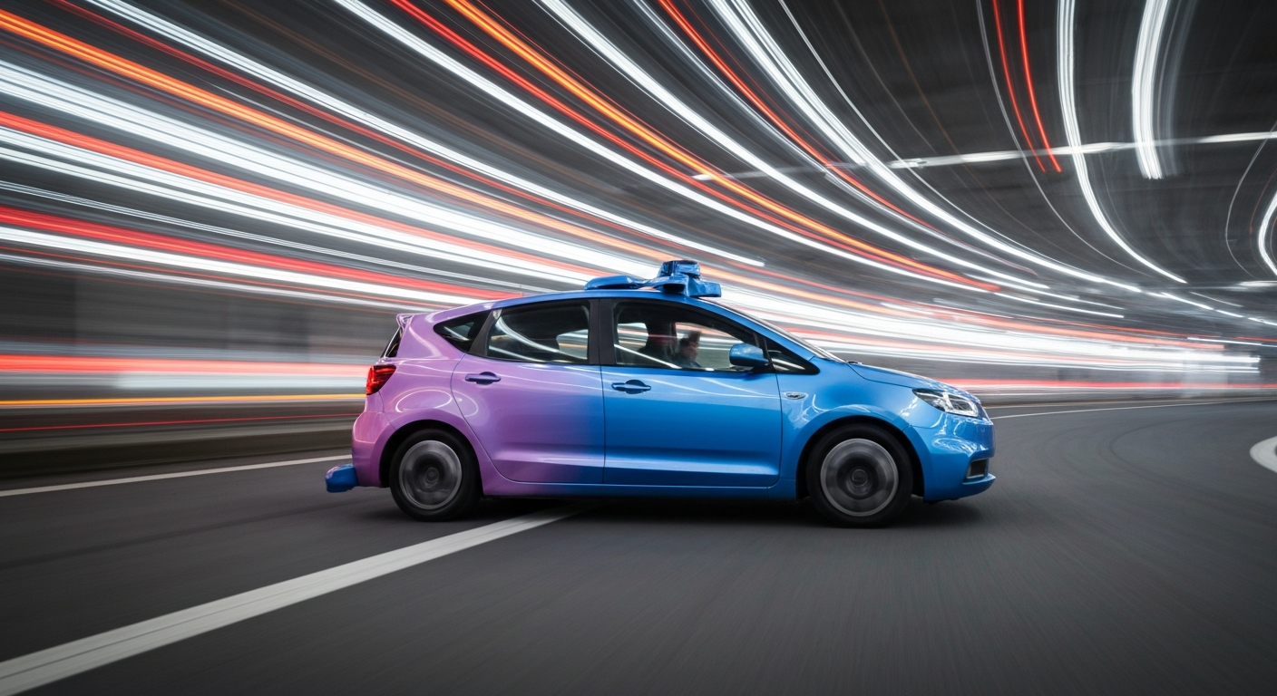 An abstract, blurred image of a Waymo self-driving vehicle, conveying a sense of speed, modern engineering, and the chaotic energy of street vandalism.