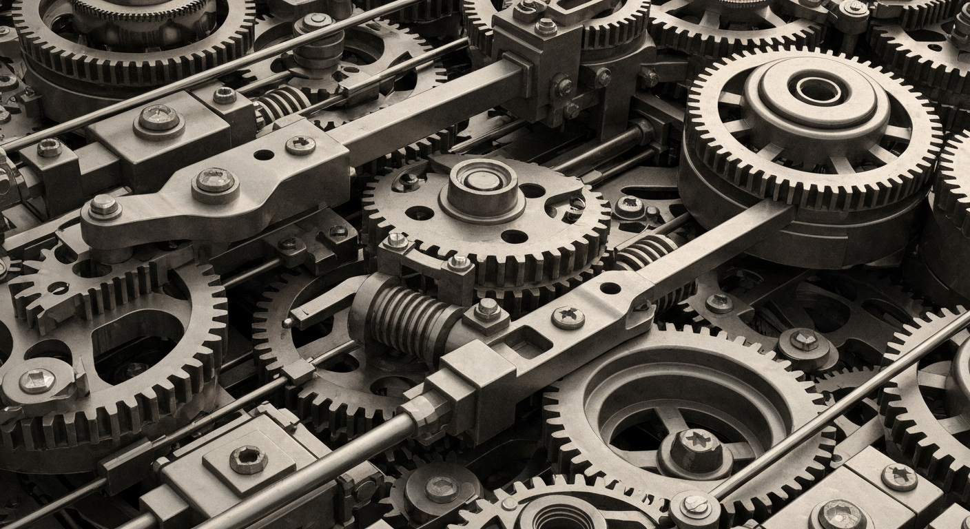 An extreme close-up of heavy, industrial banking machinery and mechanisms, conceptually representing the institutional financial systems that power wealth management.