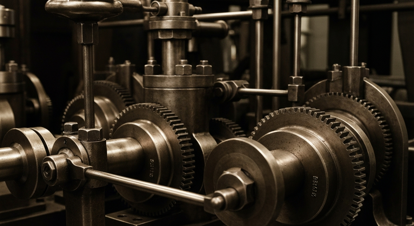 A highly detailed, industrial-style close-up view of gears, levers, and other mechanical components that make up the infrastructure of the banking and financial services sector, conveying a sense of the complex systems underlying stock market movements.