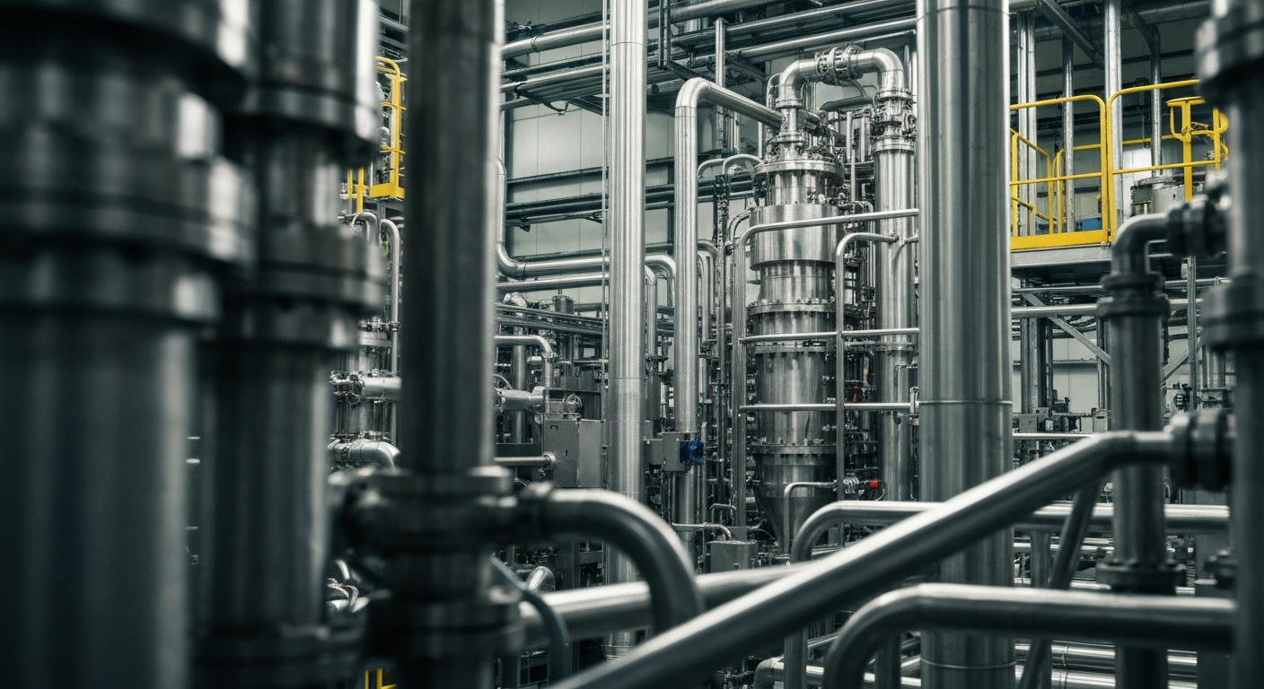 An extreme close-up of the complex, interconnected components of a pharmaceutical manufacturing facility, conveying the scale and precision required to produce modern medicines.
