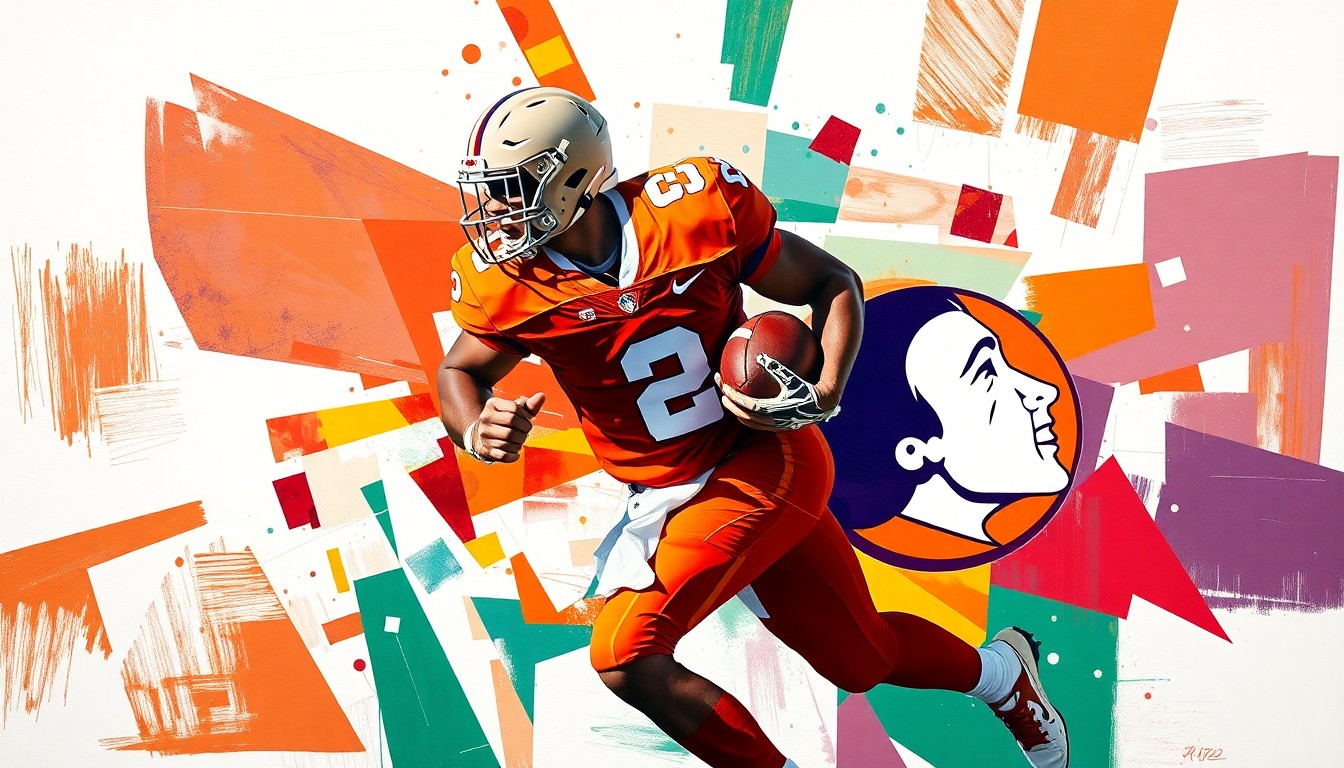 A cubist-style painting depicting a football player in mid-stride, broken down into sharp, overlapping geometric shapes in the colors of orange, purple, and garnet, representing the competing interests of Clemson and Florida State University.