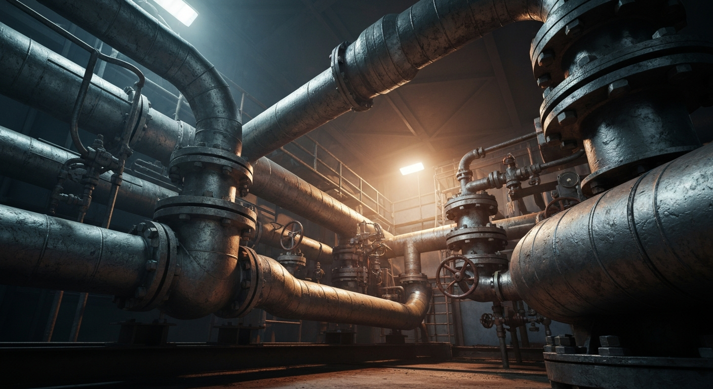 An extreme close-up of industrial oil and gas equipment, conveying the tangible, physical nature of the energy industry without using literal financial symbols or charts.