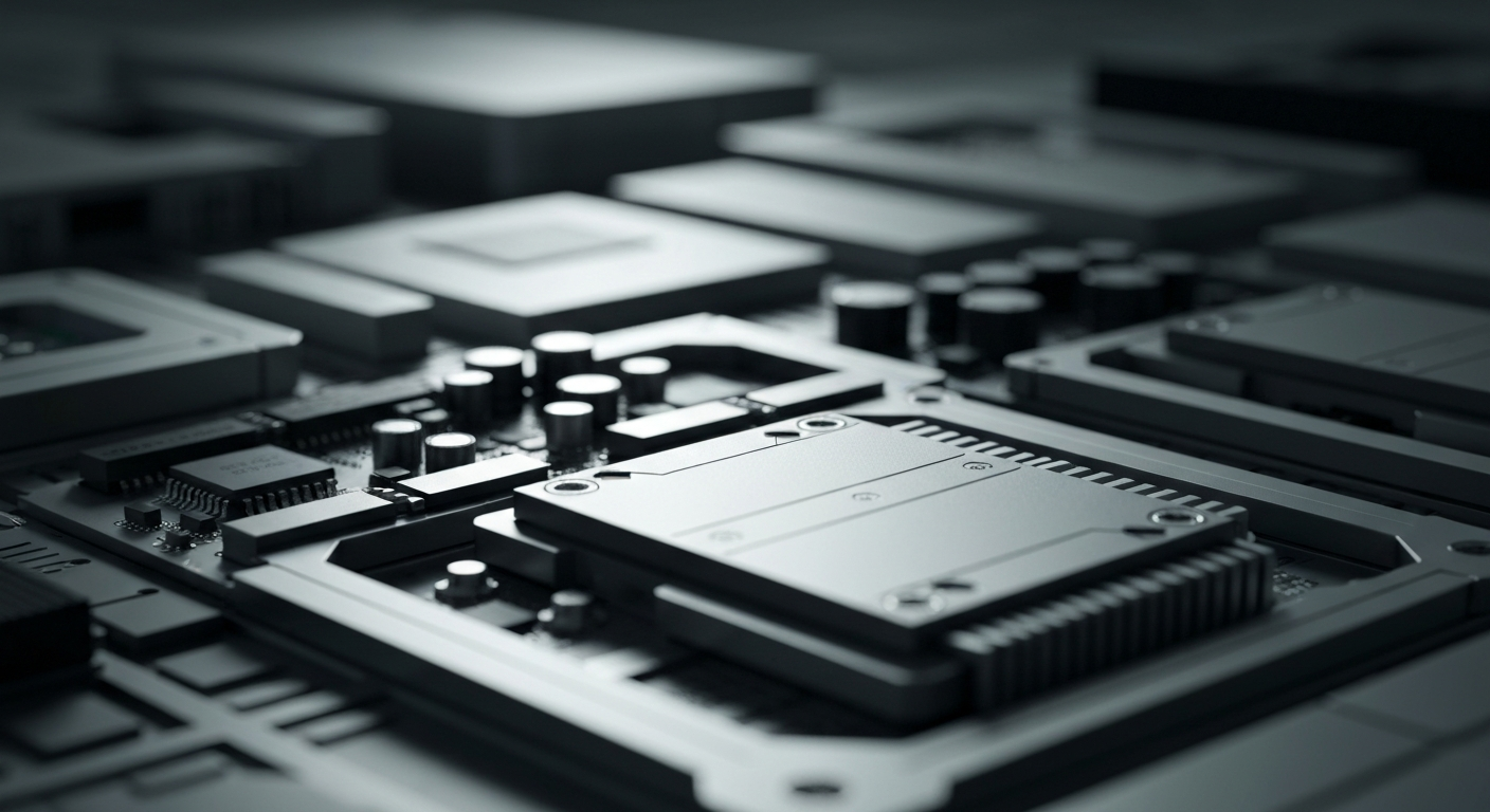 A highly detailed, black-and-white close-up image of complex, industrial-grade semiconductor components and machinery, conveying the technical sophistication and scale of Micron Technology's operations.