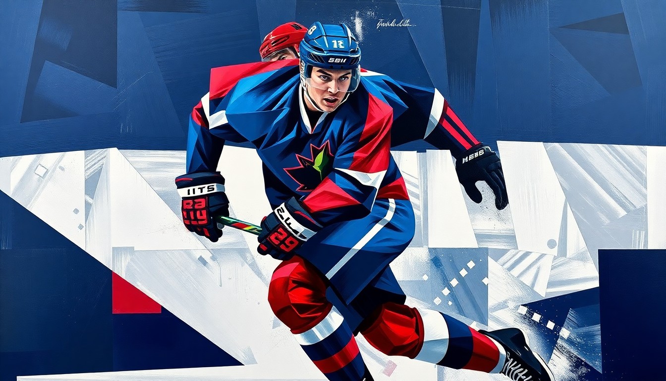 A fragmented, abstract painting depicting a hockey player in motion, broken down into sharp, overlapping planes of navy, red, and silver, conveying the raw energy and potential of a rising star.