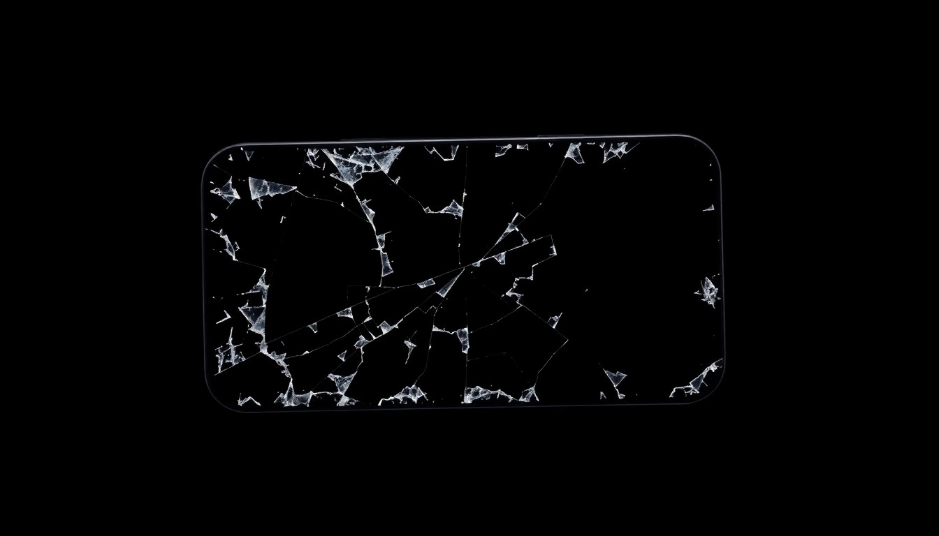 An extreme close-up photograph of a shattered iPhone screen, the cracked glass reflecting a harsh, direct flash of light against a pitch-black background, conveying a sense of the damage and loss caused by this high-value theft.