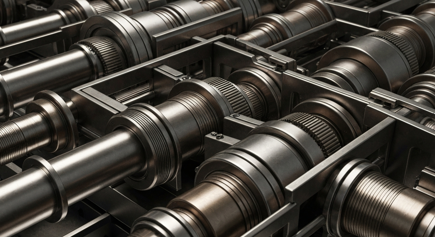 An extreme close-up of intricately engineered banking and financial machinery in shades of steel grey, bronze, and chrome, conveying a sense of institutional power and stored wealth without using literal currency or charts.
