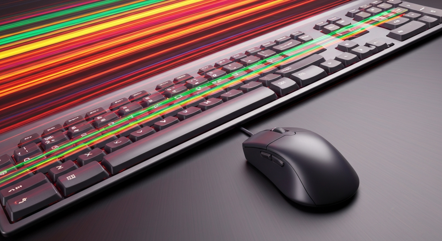 An abstract, blurred image of a computer mouse and keyboard, conveying the dynamic and fast-paced nature of productivity through vibrant streaks of color and motion.