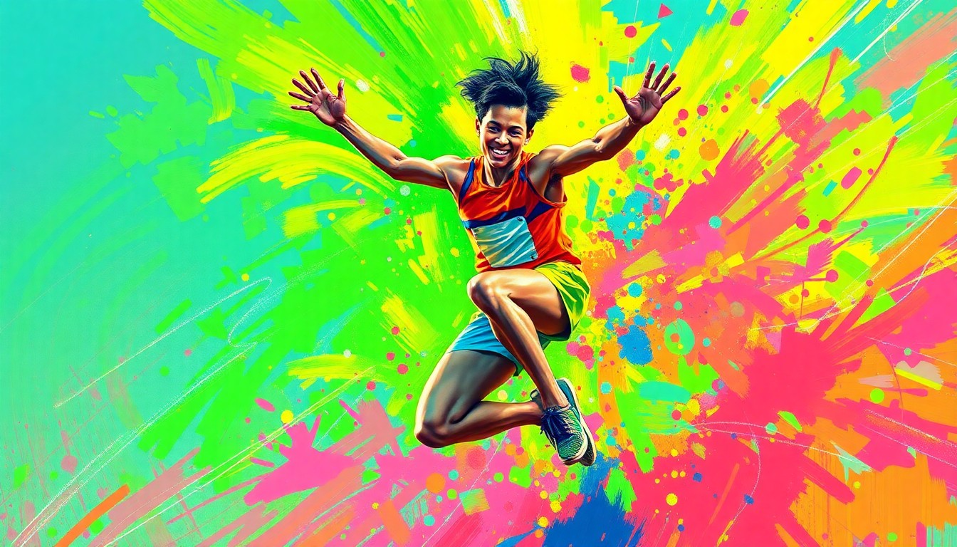 An abstract, expressionist painting in vibrant neon colors depicting the dynamic motion and energy of a high school long jumper mid-leap, with their face and body dissolving into sweeping brushstrokes.