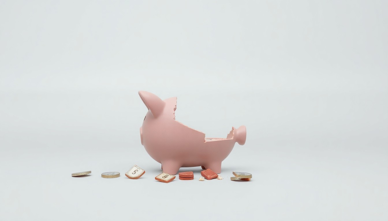 A photorealistic studio still-life image showing a shattered piggy bank on a clean, monochromatic background, conceptually representing the financial impact of the Walmart closures on local communities.