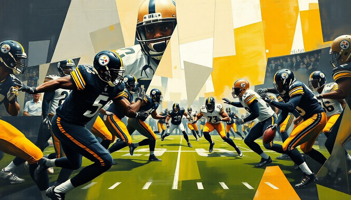 A fragmented, geometric painting depicting a football game in progress, with the players' forms broken down into sharp, overlapping shapes in a palette of black, gold, and white, creating a sense of dynamic motion and intensity.