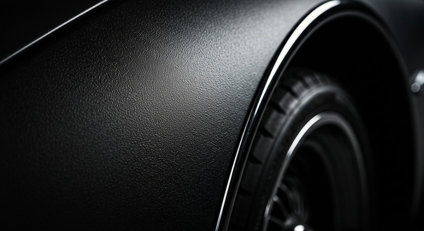 An extreme close-up of a textured car fender, capturing the raw materials and intricate details of automotive design in dramatic black and white.