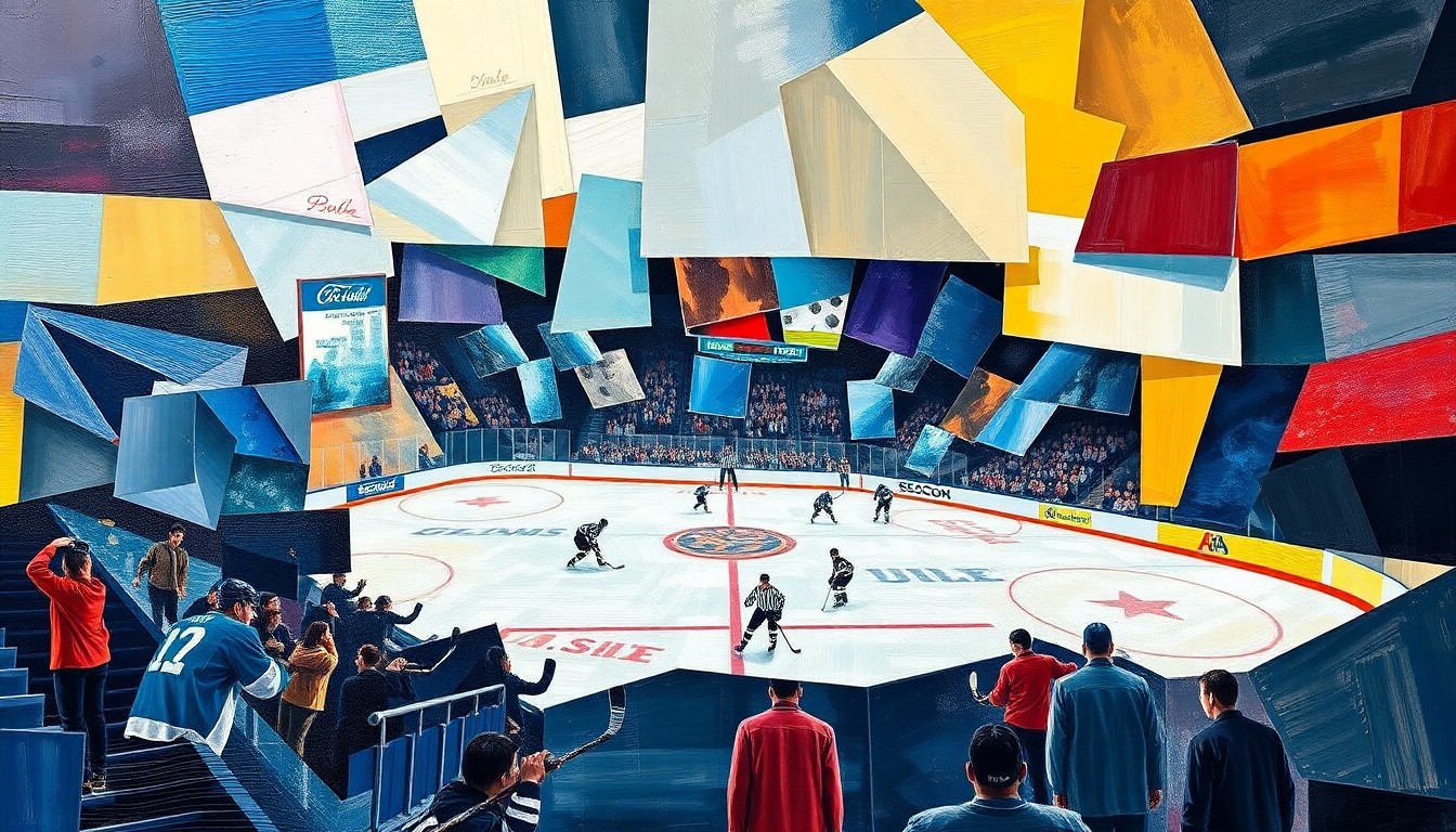 A cubist, geometric painting depicting the action of a hockey game, with players and the puck represented through fragmented, overlapping shapes and planes in a variety of colors.