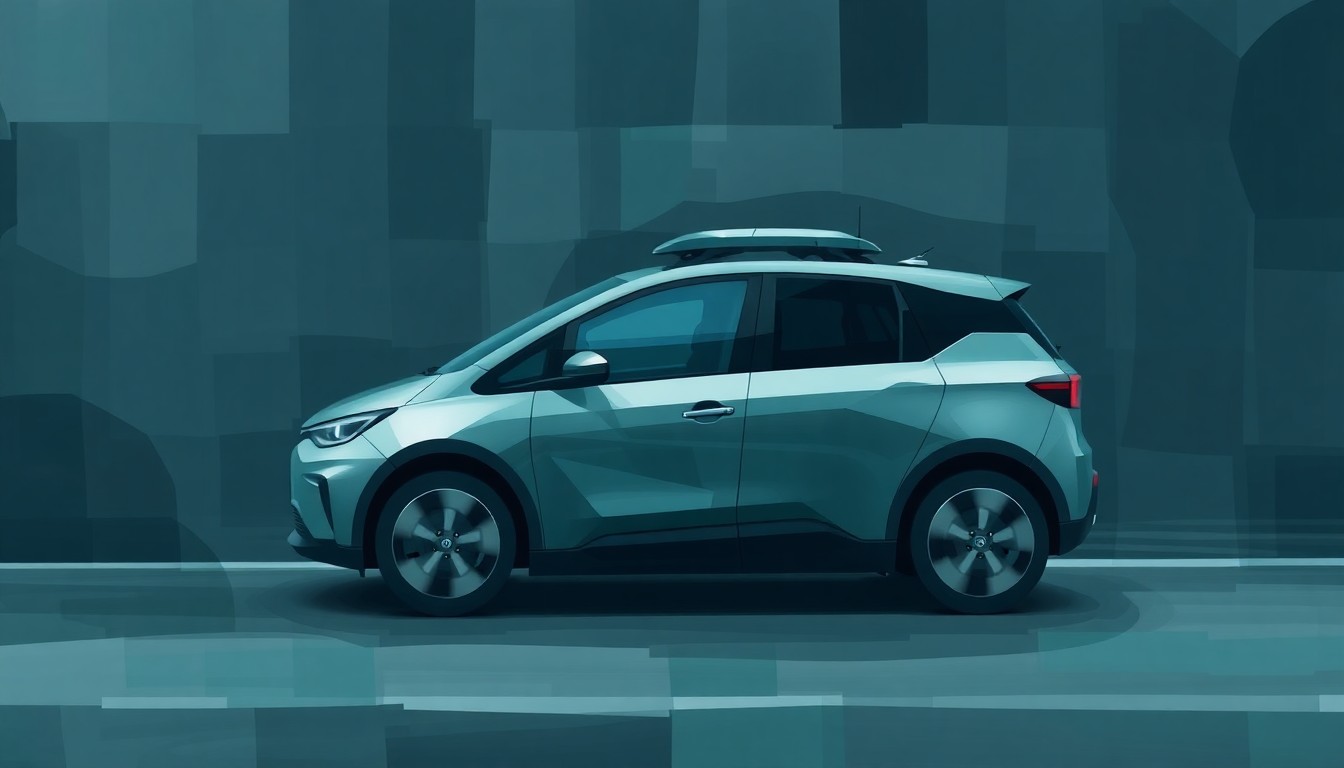 A heavily textured, fragmented painting of a Waymo self-driving car in motion, with overlapping geometric shapes and brushstrokes in dark, moody colors, conceptually representing the vandalism and conflict surrounding autonomous vehicles.