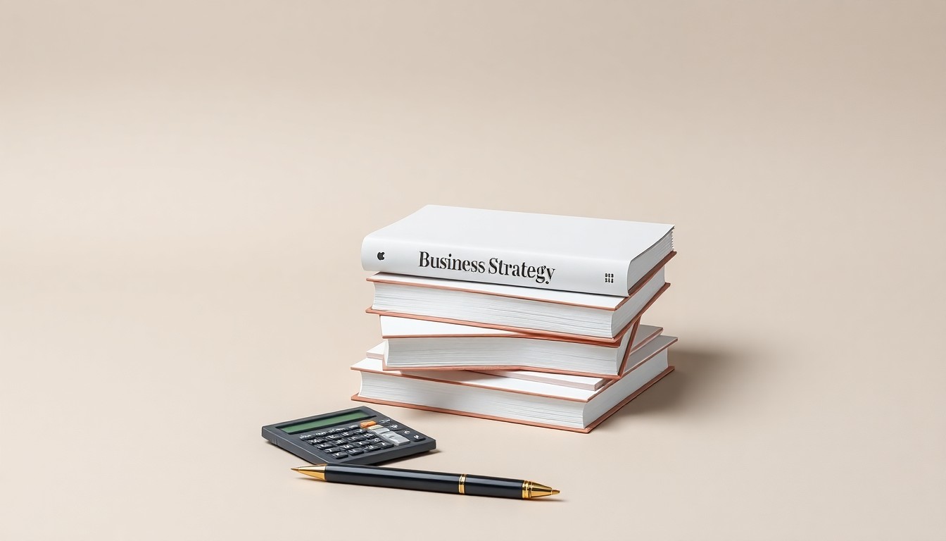 A minimalist studio photograph featuring a stack of business strategy books, a calculator, and a pen arranged on a clean, monochromatic background, symbolizing the abstract concepts explored in the latest edition of the book.