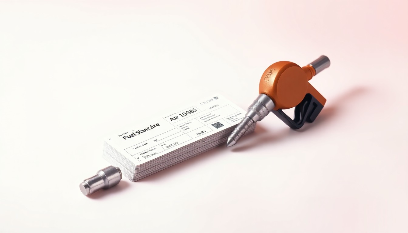 A minimalist studio still life photograph featuring a polished metal fuel nozzle and a stack of airline tickets, symbolizing the impact of rising fuel costs on the aviation industry.
