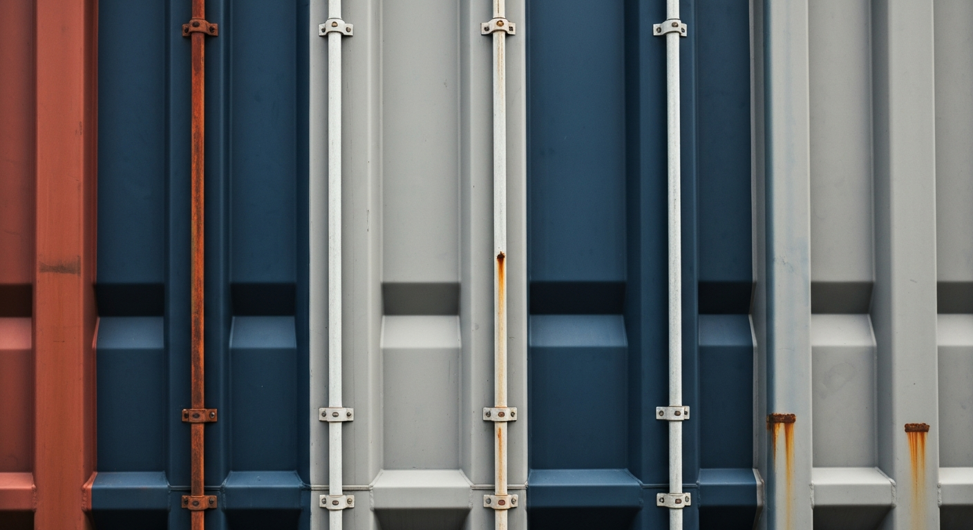 An extreme close-up of the heavily textured surface of a shipping container, with muted tones of grey, navy, and rust conveying the industrial, utilitarian nature of the port's infrastructure.