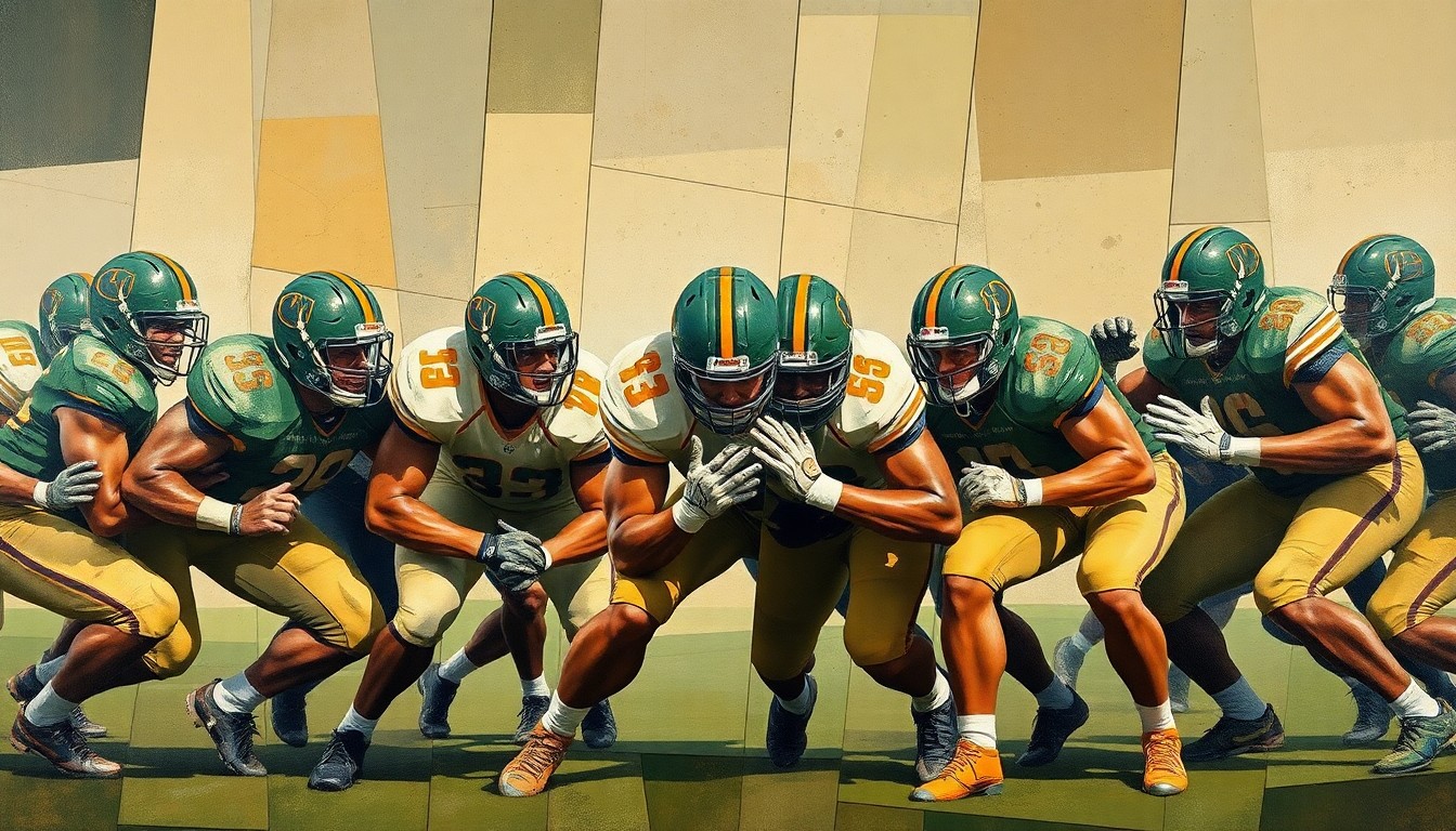 A fractured, cubist-style painting depicting the abstract, geometric forms of college football defensive linemen engaged in intense, overlapping movements on the field.