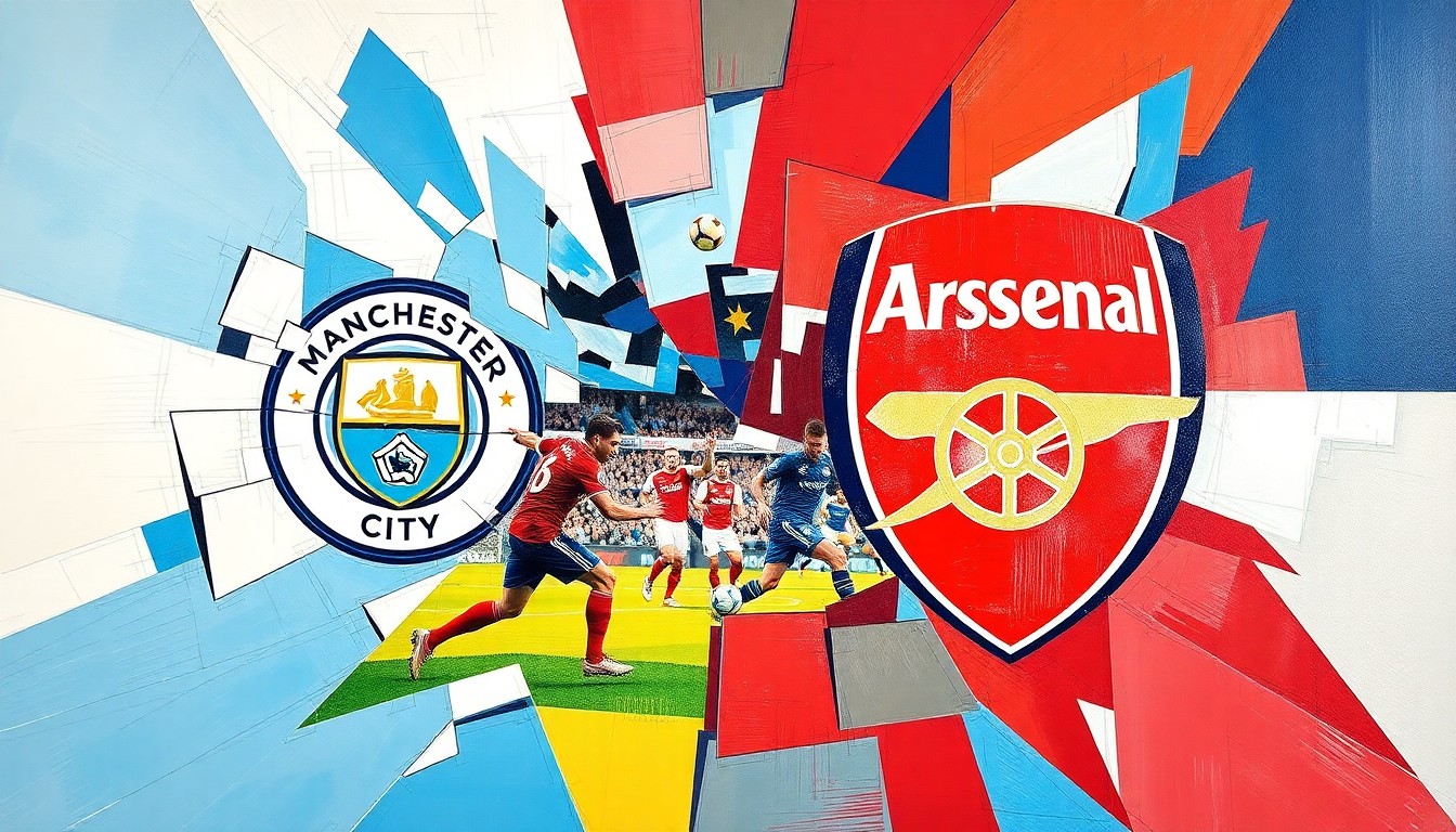 A fractured, cubist-style painting depicting the intense action and competition of a Premier League match between Manchester City and Arsenal, with the teams' colors and geometric shapes colliding across the frame.