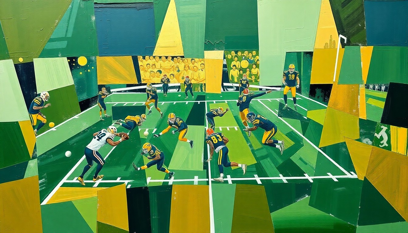 A cubist, geometric painting depicting a fragmented football scene, with sharp, overlapping planes of green, gold, and navy blue representing the dynamic action on the field.