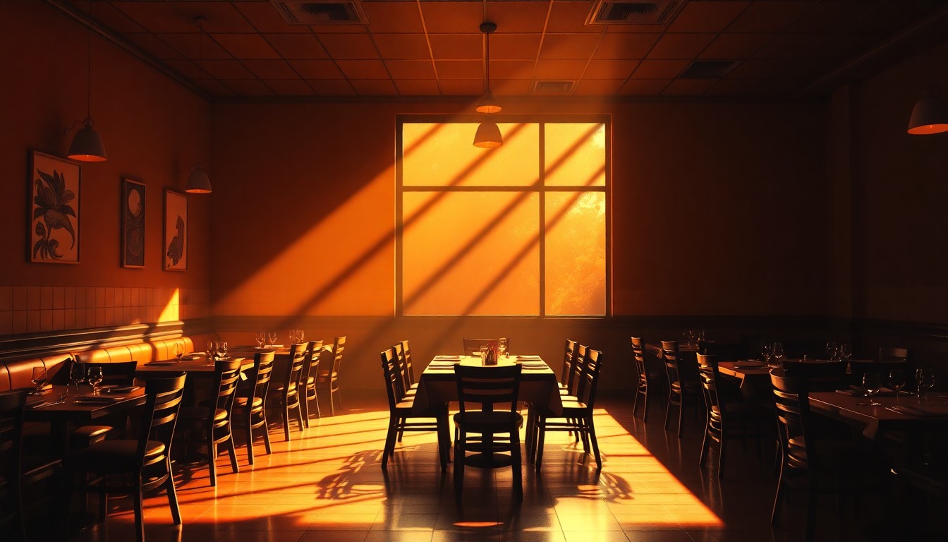 A dimly lit, empty restaurant dining room with tables and chairs, the space filled with warm, golden light streaming in from a large window, creating deep shadows and a sense of quiet contemplation.