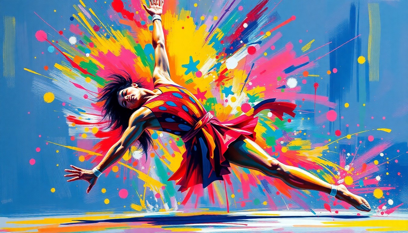 A dynamic, abstract painting in vibrant neon colors capturing the explosive energy and graceful movements of a gymnast performing on the floor exercise, with the figure's details dissolved into unrecognizable brushstrokes.