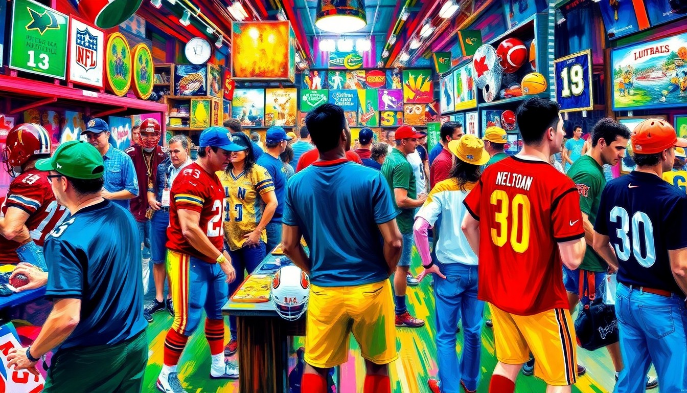 A vibrant, expressionist painting in neon colors depicting the energy and excitement of a sports memorabilia show, with blurred figures of athletes and fans interacting against a backdrop of colorful sports equipment and memorabilia.