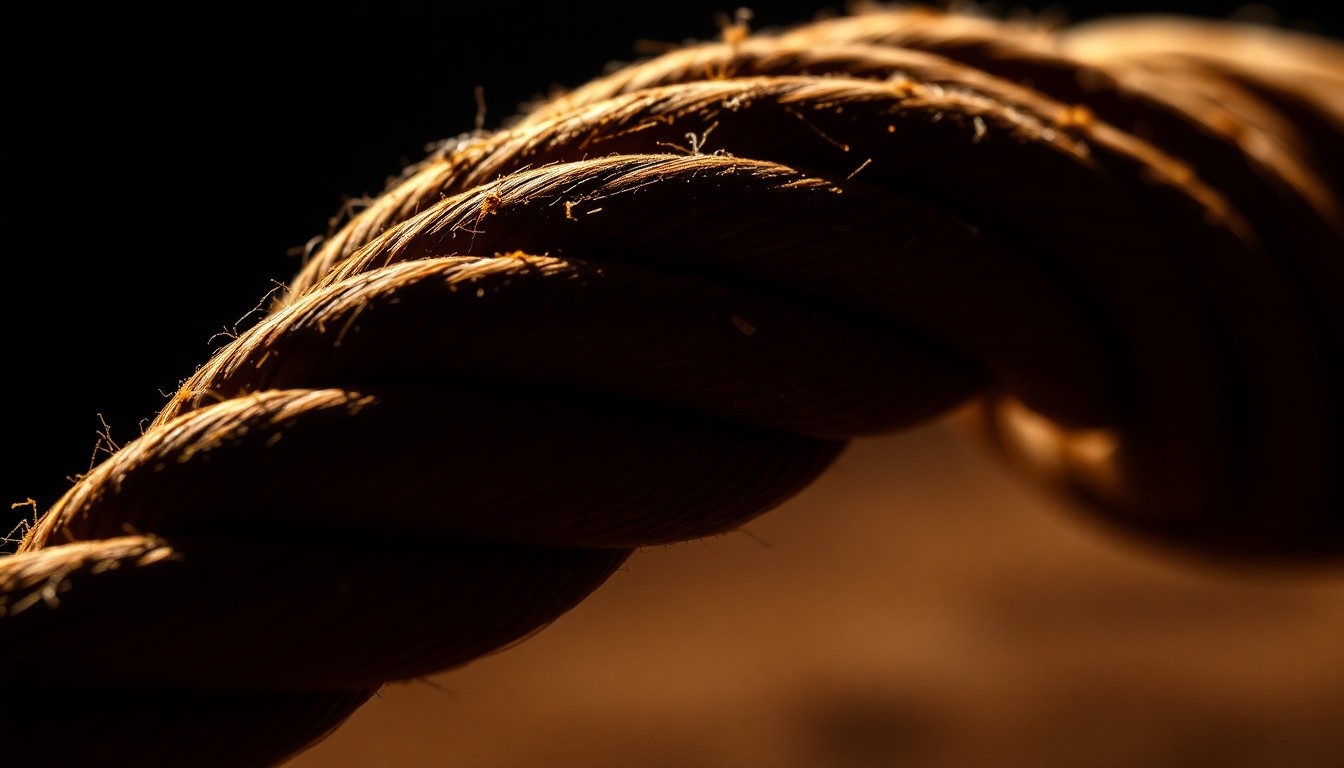 An extreme close-up photograph of a weathered, textured rodeo rope, capturing the gritty, high-energy essence of the sport through dramatic lighting and abstract composition.