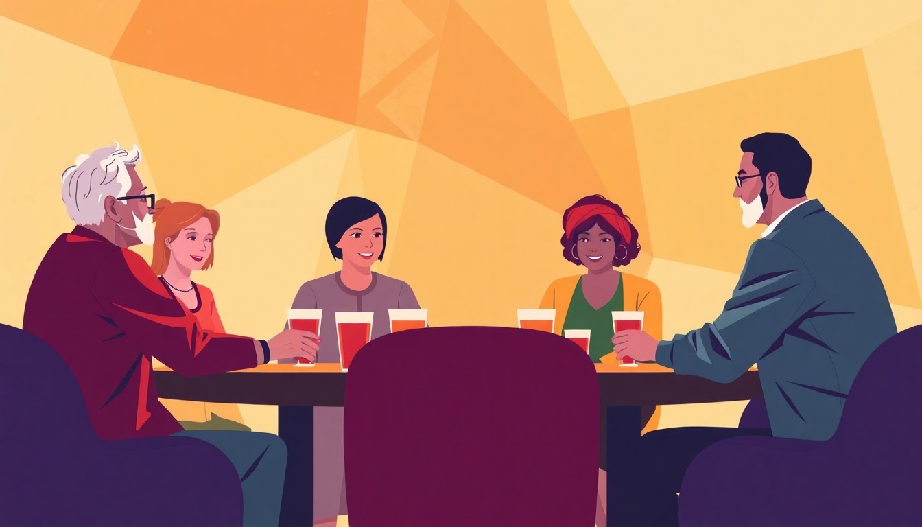 A geometric abstract illustration using warm earth tones to represent the social and intellectual aspects of a community bridge club.