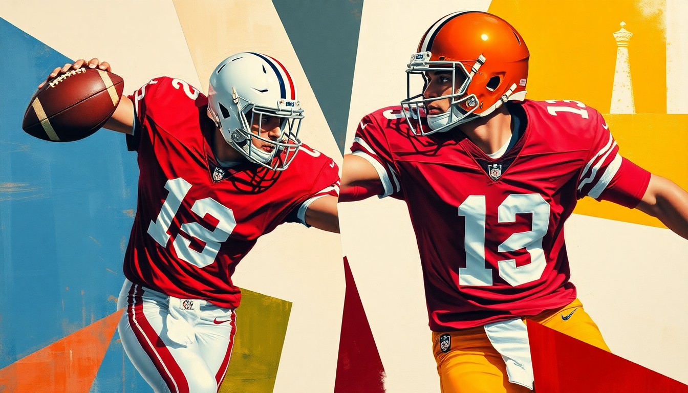 A cubist painting depicting two football players, one in crimson and one in burnt orange, broken into sharp, overlapping geometric shapes, representing the close relationship between the two rival quarterbacks.