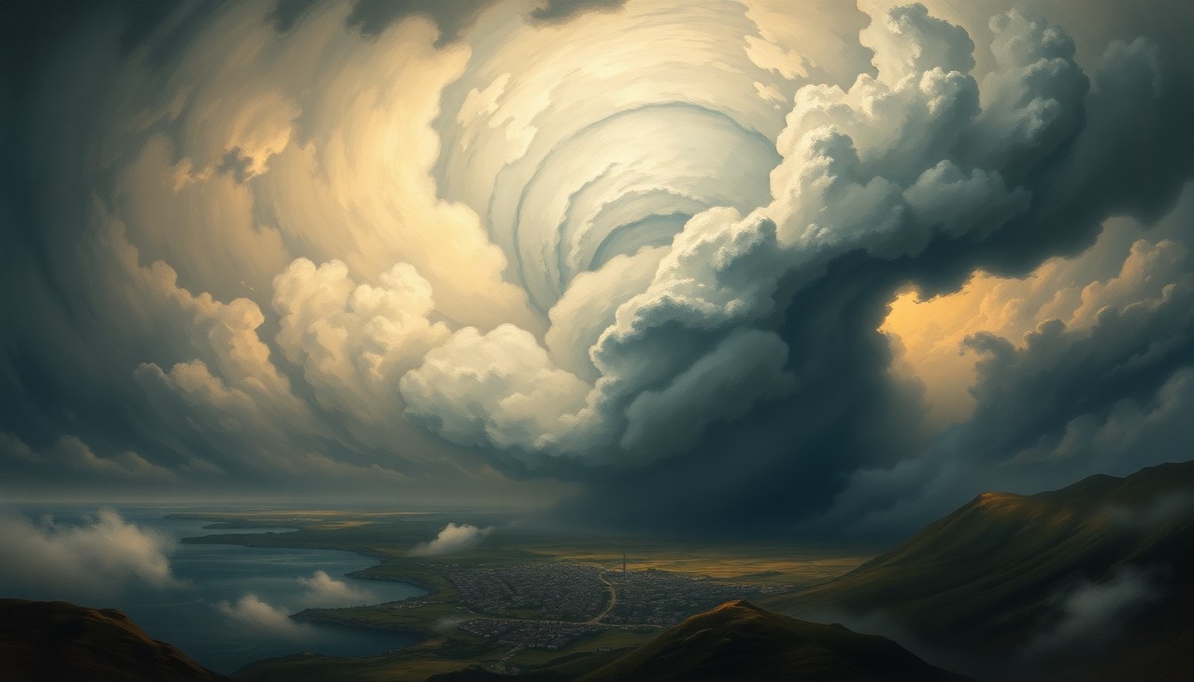 A vast, majestic landscape painting in muted tones of grey, blue, and green, depicting a massive, swirling storm system dominating the horizon over a small coastal town. The scene uses deep atmospheric perspective and dramatic backlighting to convey the overwhelming, sublime scale of the weather event, with any physical structures or objects dwarfed by the power of the natural elements.