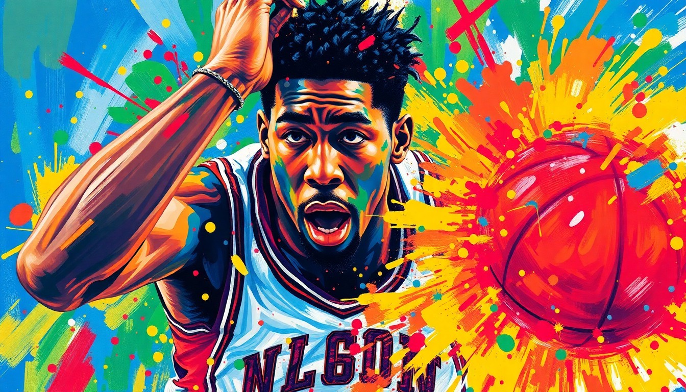 An abstract, energetic painting featuring vibrant neon brushstrokes and shapes that capture the dynamic movement and intensity of a basketball player in action, without any identifiable faces or logos.
