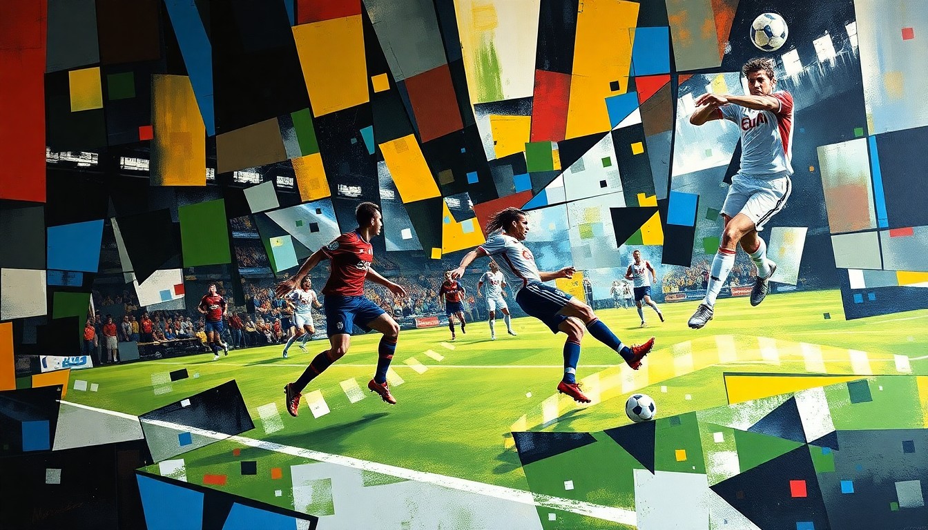 A cubist-style painting depicting a soccer match between the Columbus Crew and New England Revolution, with the players' bodies and the ball broken down into overlapping geometric shapes and planes in a vibrant color palette, conveying the energy and frustration of the game.