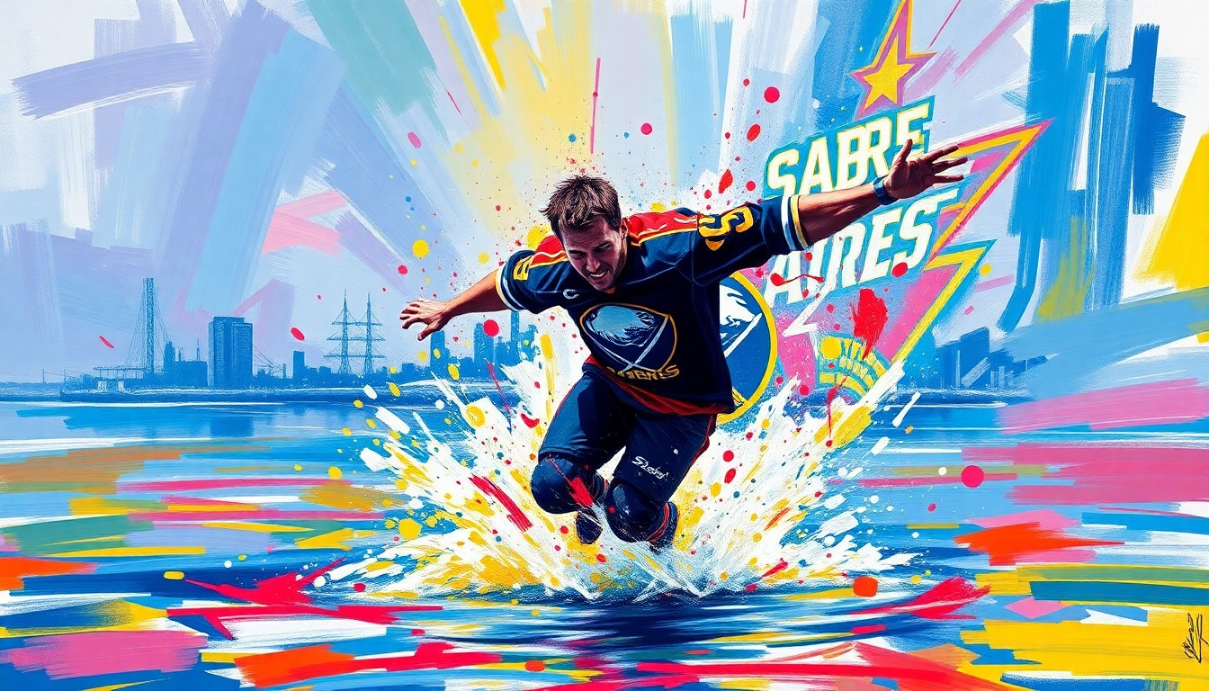 An abstract, energetic painting in neon colors depicting the dynamic motion of a person jumping into a body of water, with the Sabres' team colors and logo fading into the background.