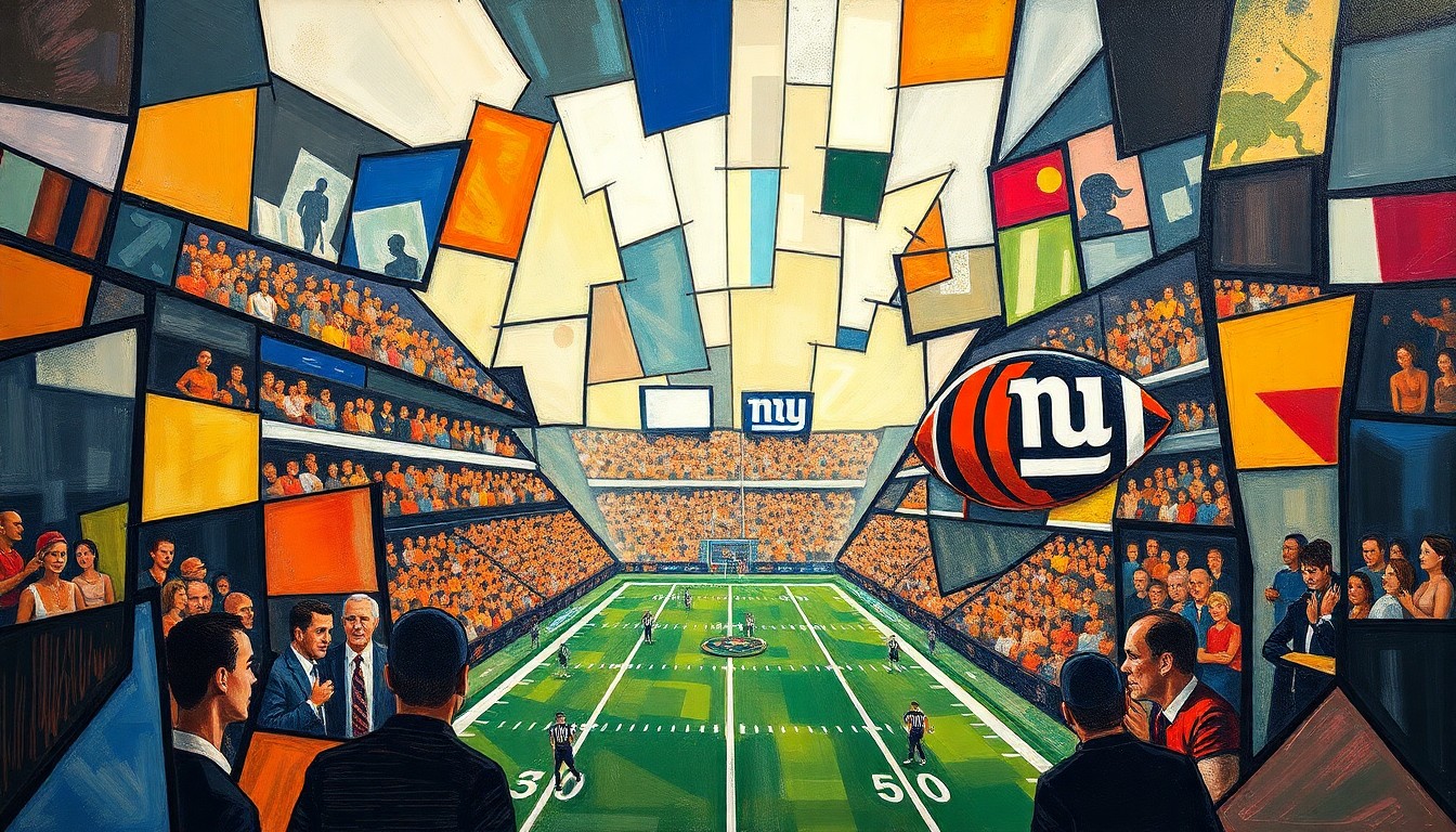 A fragmented, geometric painting depicting a football game or match, with sharp, overlapping shapes and planes representing the complex dynamics of a major trade between two NFL teams.