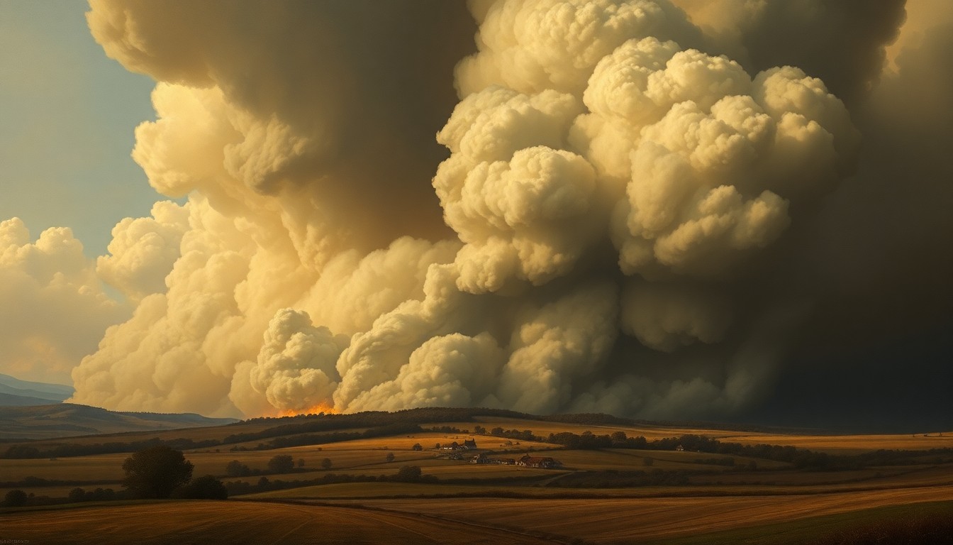 A sweeping, atmospheric landscape painting in muted tones of grey and brown, with a massive plume of dark smoke rising from a small cluster of houses in the distance, dwarfing the physical structures and conveying the overwhelming scale and power of the fire.